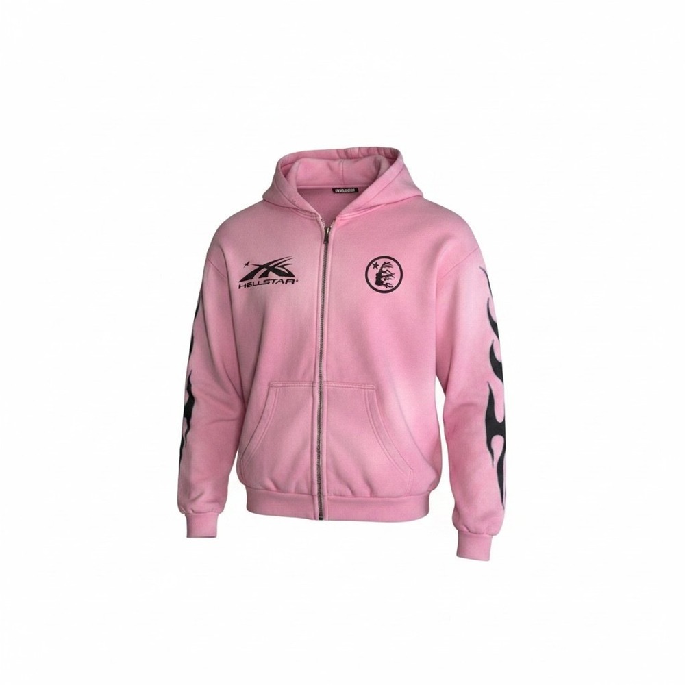 Hellstar Studios Pink Graphic Zip Up Hoodie Mens Large Flame Sleeve Streetwear